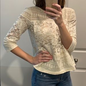 Anthropologie cream top details lace cut outs